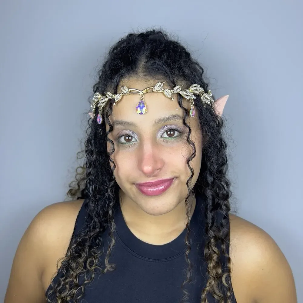 Gold Elf Fairy Tiara with Iridescent Gem & 4 Elf Ears Halloween Cosplay Princess - Picture 10 of 12